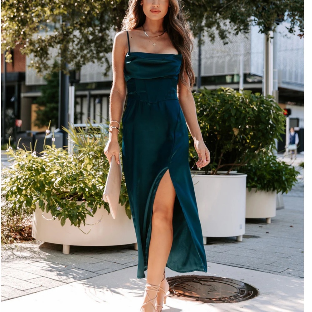 Vici Teal Satin Midi Dress